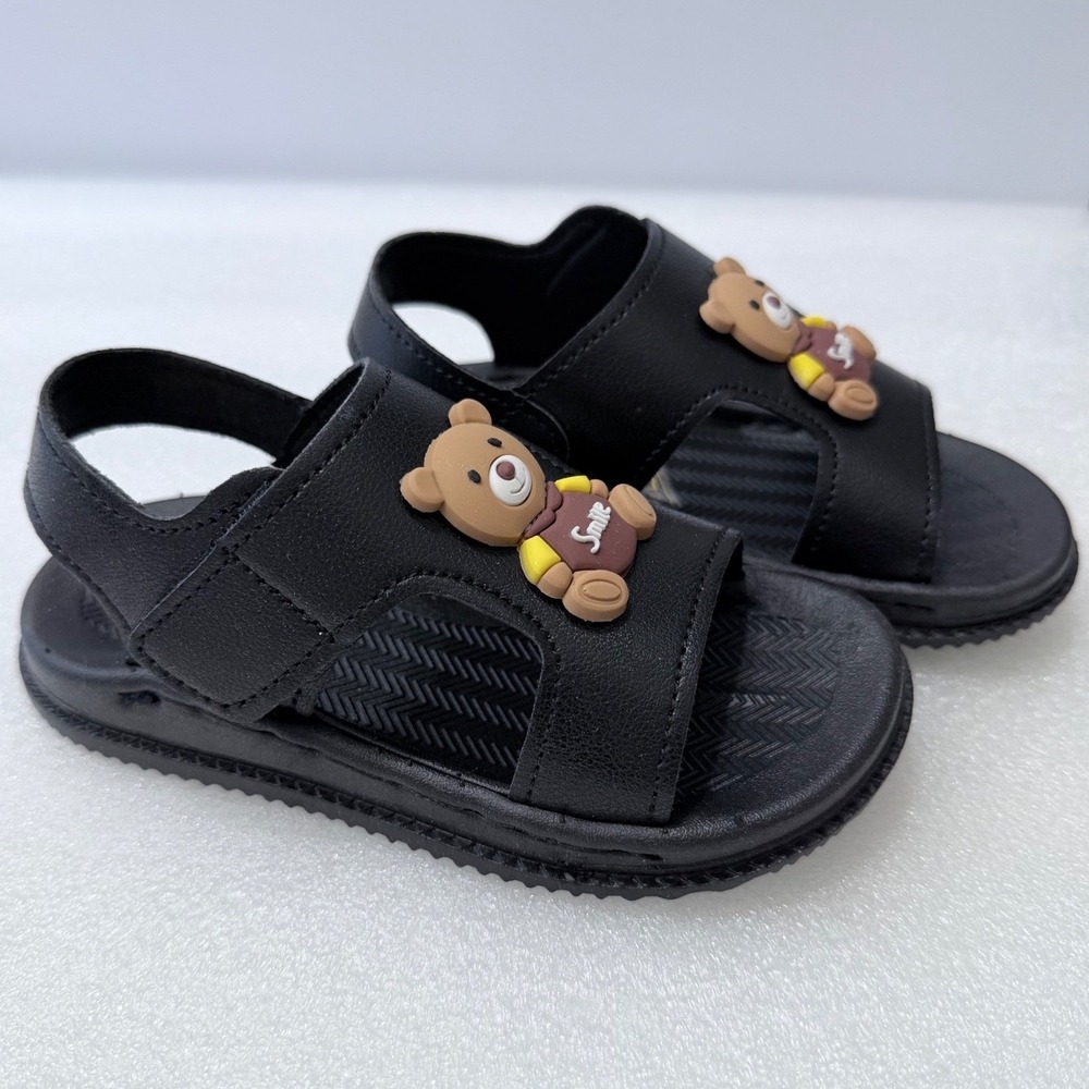 NIB Kids Black Teddy Bear Smile Sandals Hook Loop Closure Sz 7 Toddler - Picture 3 of 10